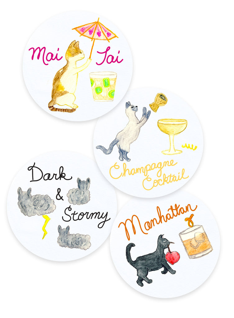 Mai Tai, Champagne Cocktail, Dark and Stormy, Manhattan Cocktail Cat Coasters