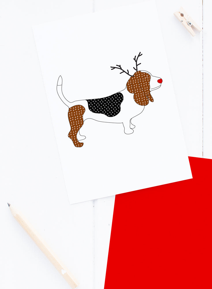 Holiday Basset Hound Reindeer Card