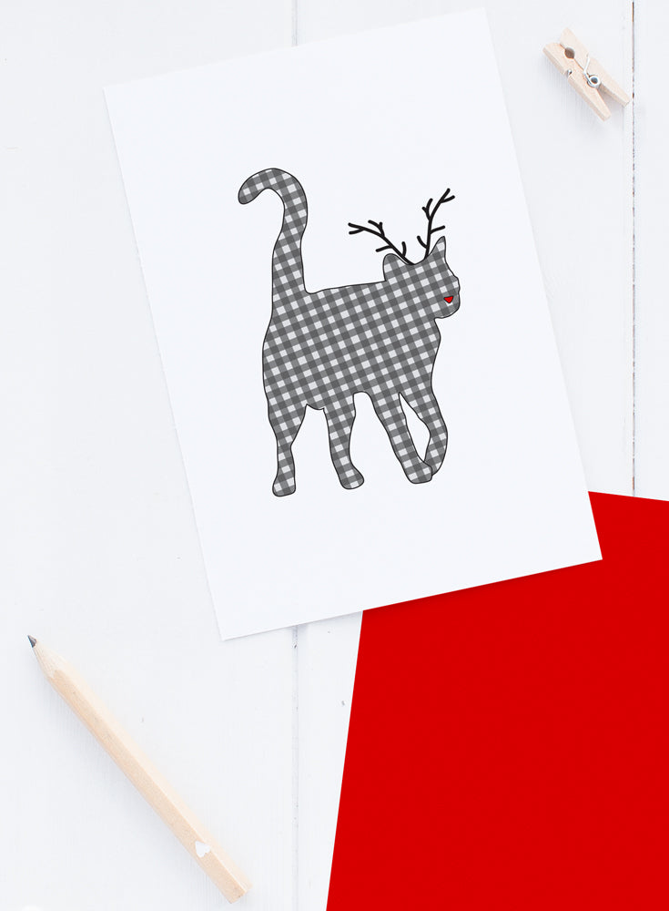 Holiday Gingham Cat Reindeer Card