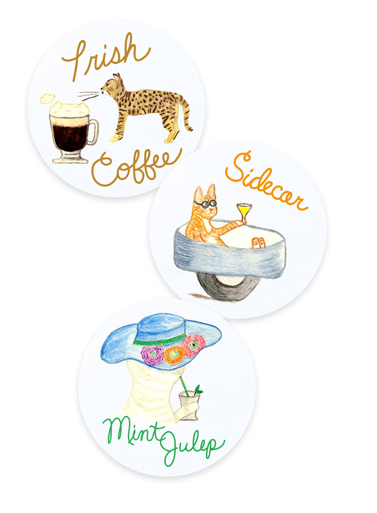 Irish Coffee, Sidecar, Mint Julep Cat Coasters