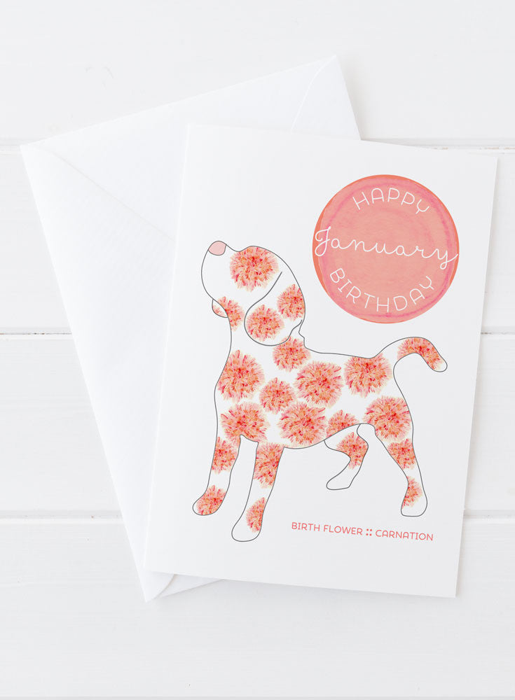 January Birthday - Birth Flower Dog Greeting Card
