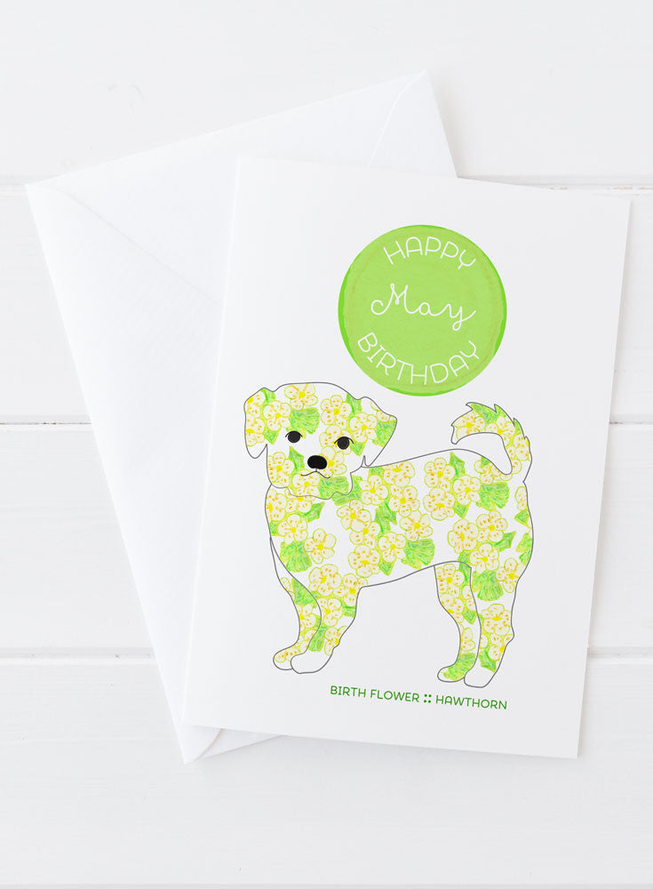 May Birthday - Birth Flower Dog Greeting Card