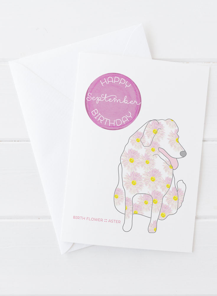 September Birthday - Birth Flower Dog Greeting Card