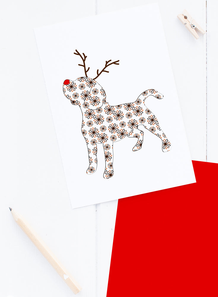Holiday Beagle Reindeer Card