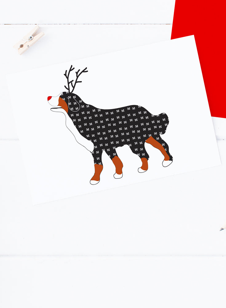 Holiday Bernese Mt Dog Reindeer Card