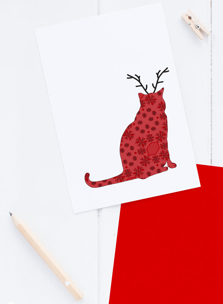 Holiday Brocade Cat Reindeer Card
