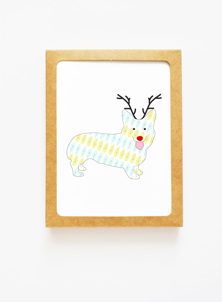 Holiday Corgi Reindeer Card