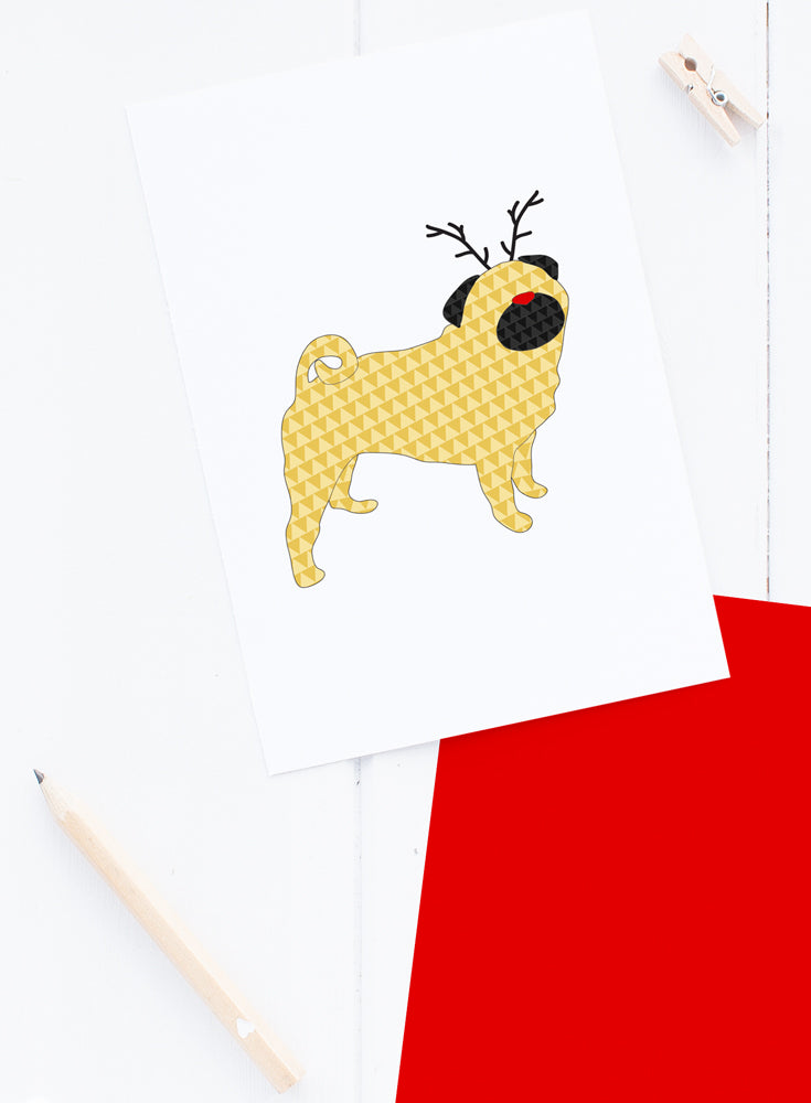 Holiday Pug Dog Reindeer Card